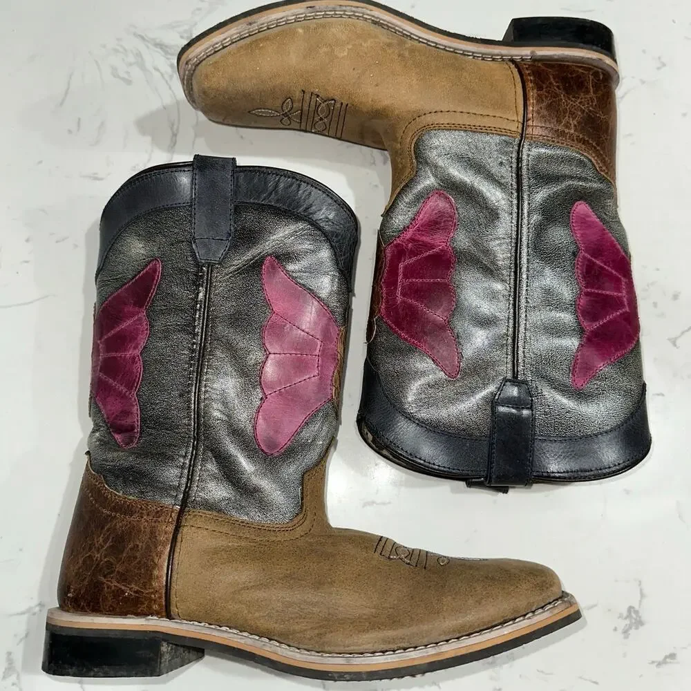 Smoky Mountain Youth Unisex Riley Leather Brown/Pink Boots, Size 7Y, EUC